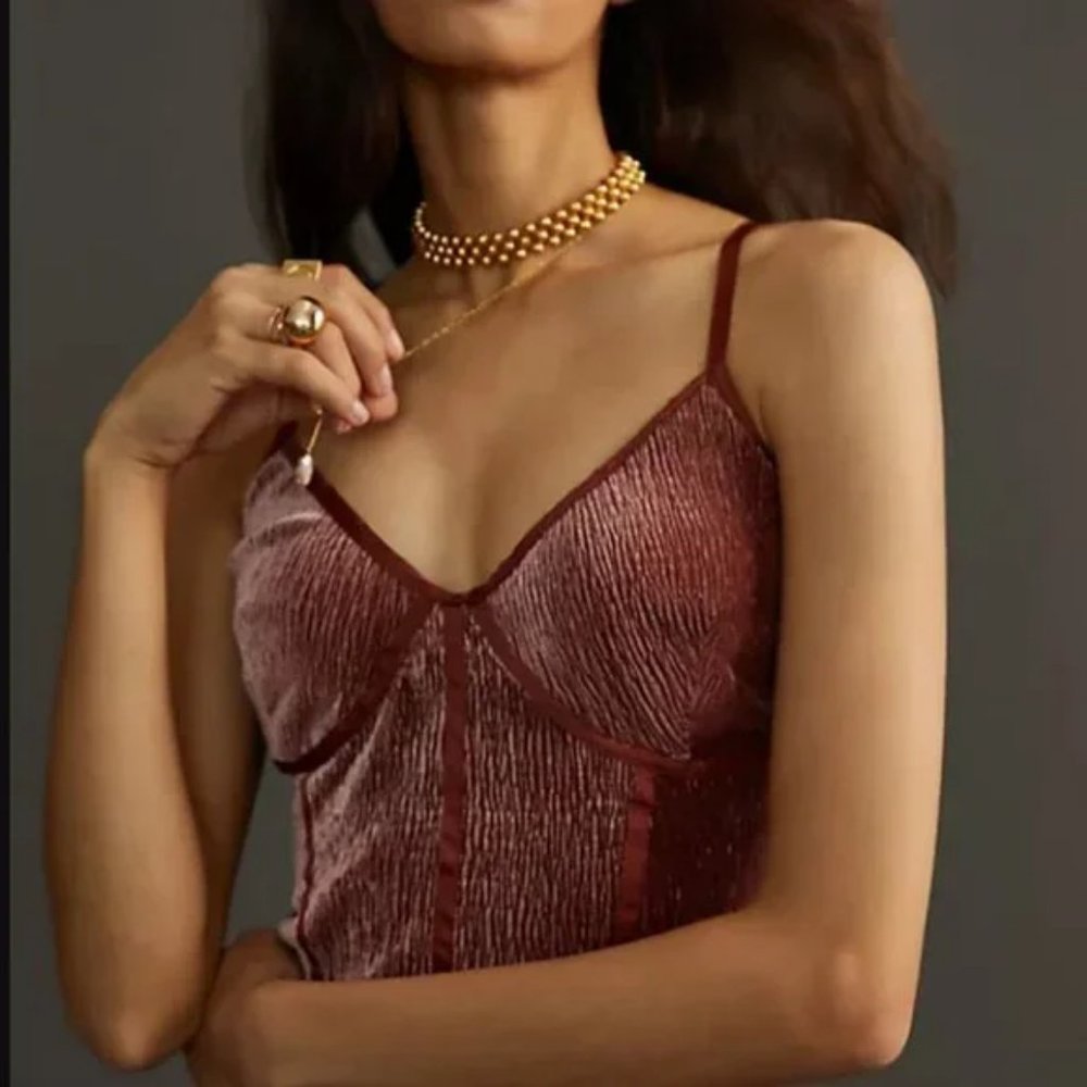 Anthropologie Blue Tassel Corset-Seamed Velvet Cami